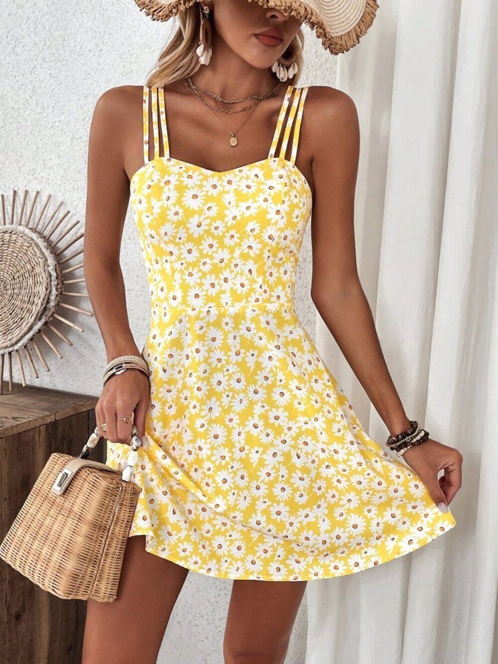 Yellow Boho Women's Floral Print Cami Dress
